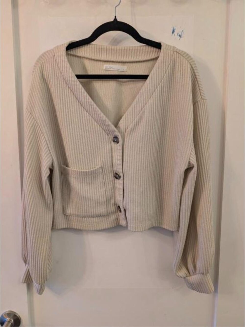 Oak + Fort Cream Ribbed Cropped V-Neck Cardigan XS